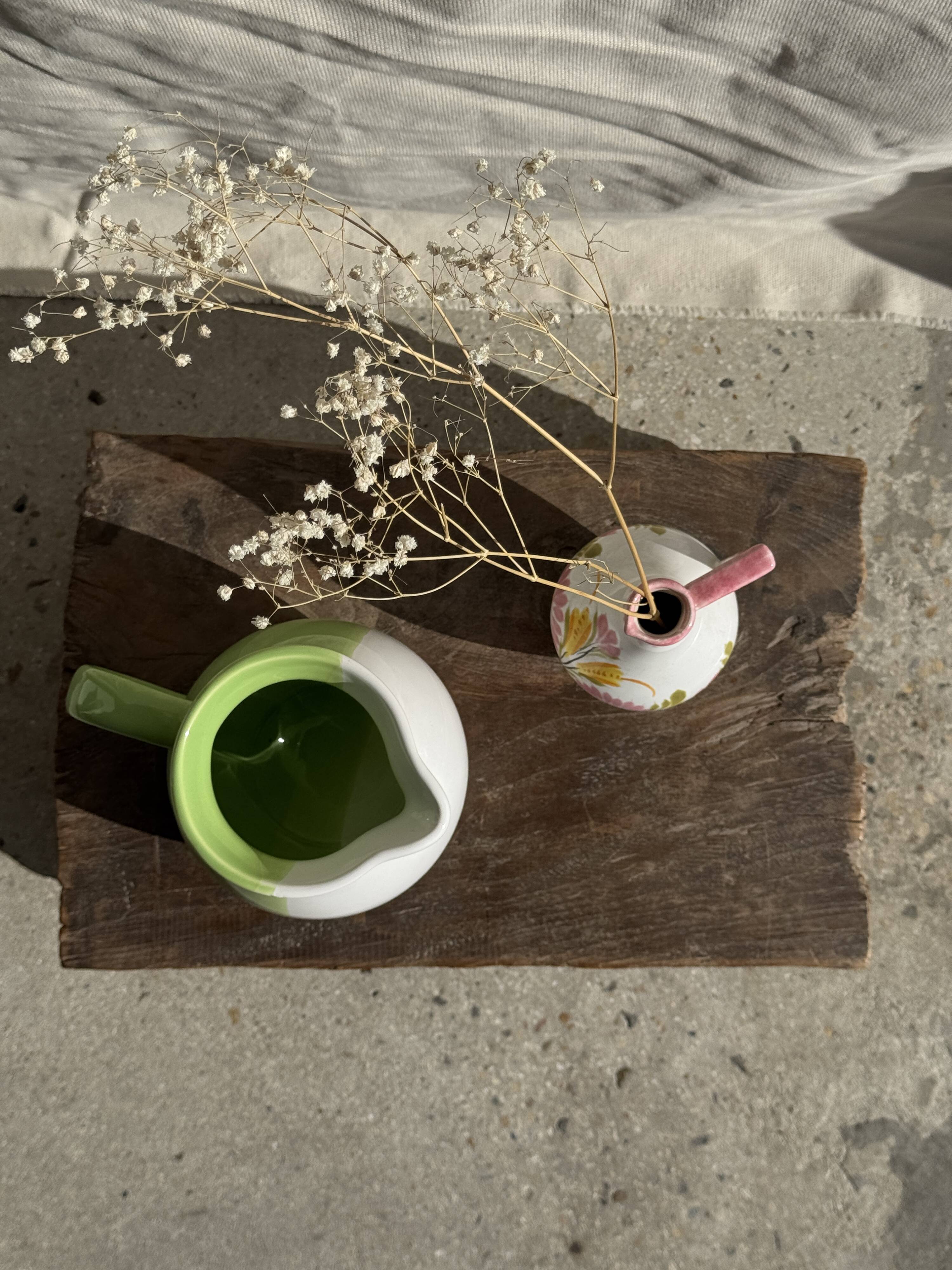 Mini vase with stylised flowers in green and yellow roses, H15.5.