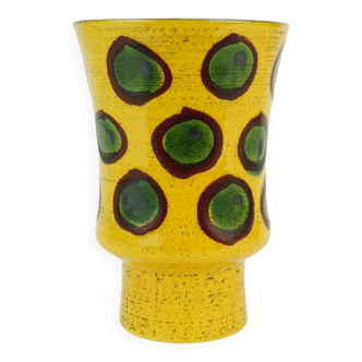 colorful hand-painted strehla gdr ceramic VASE yellow brown green polka dot