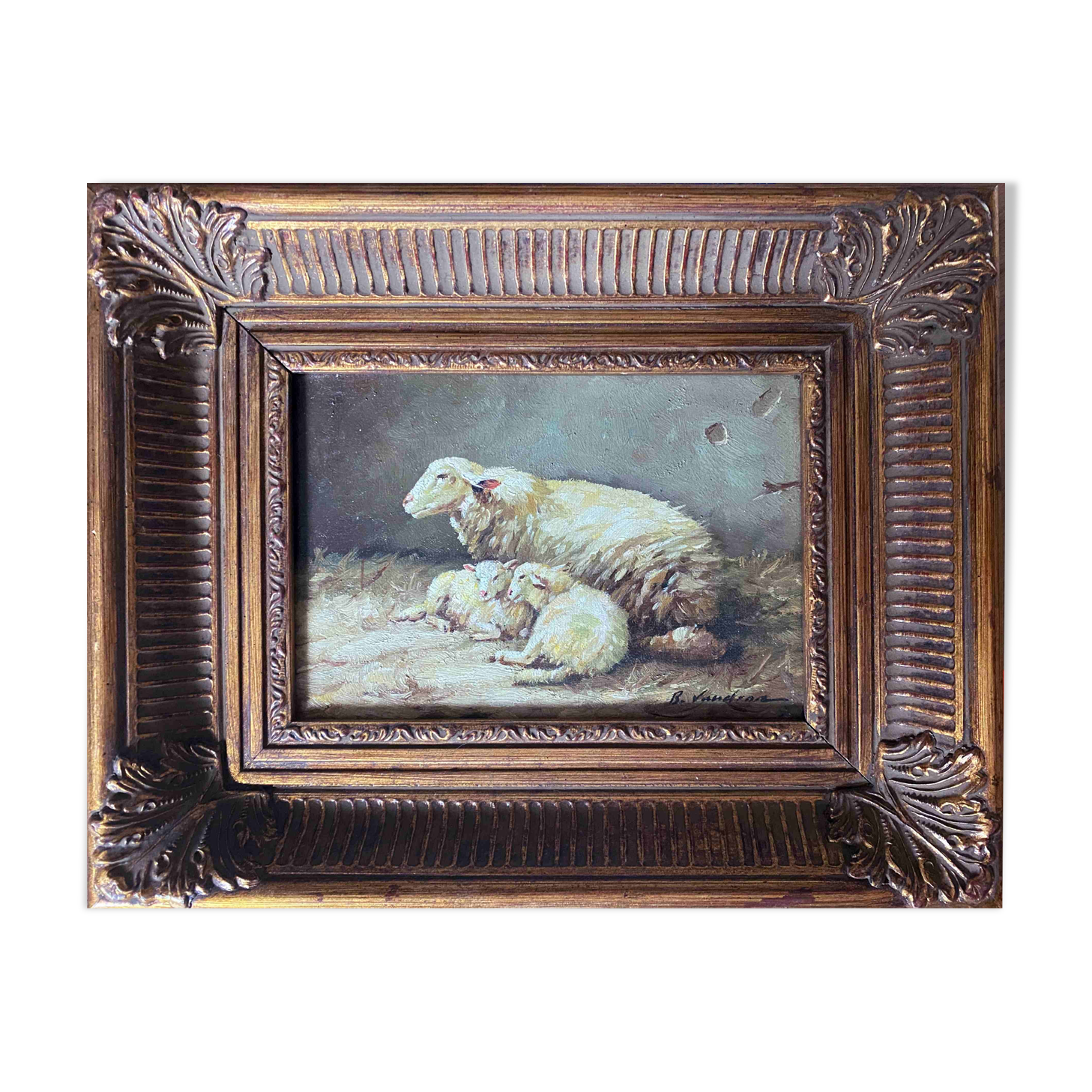 Painting bergerie signed B. Vaudron and frame