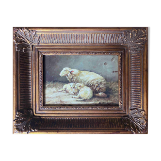 Painting bergerie signed B. Vaudron and frame