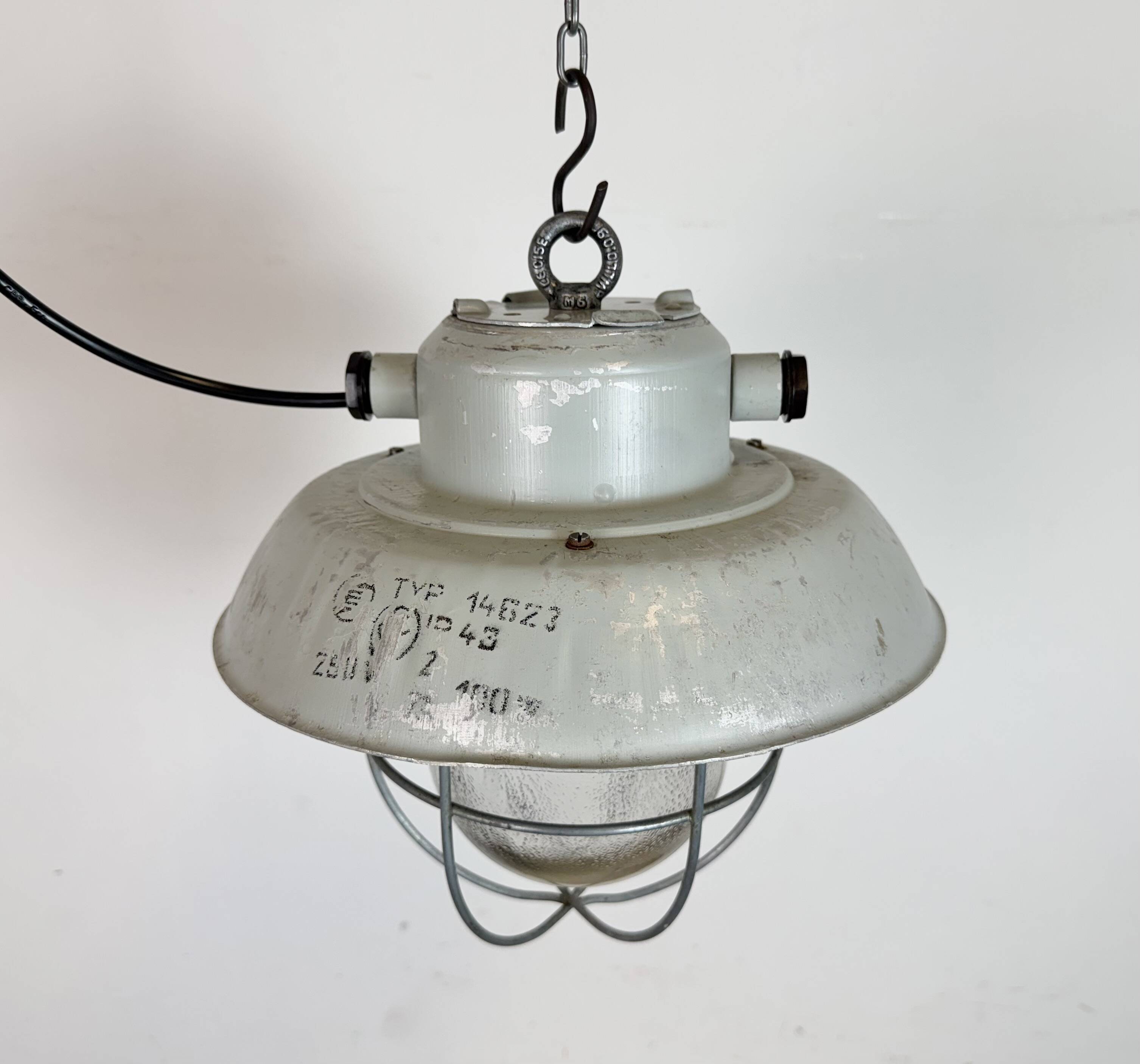 Grey Industrial Aluminium Cage Pendant Lamp with Frosted Glass, 1970s