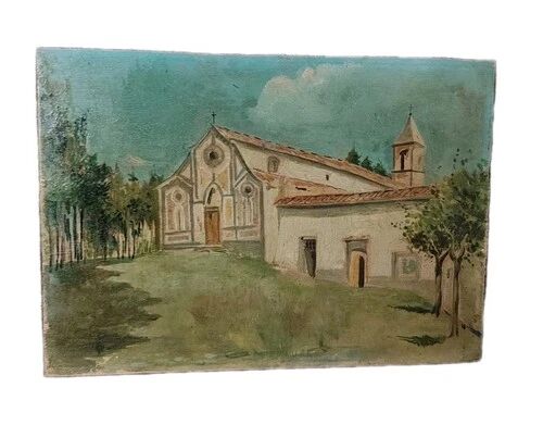 Oil painting fortunato giulio faini 1869-1952 basilica montefiesole