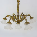 Old bronze chandelier with glass tulips with 7 fires. Nineteenth chandelier
