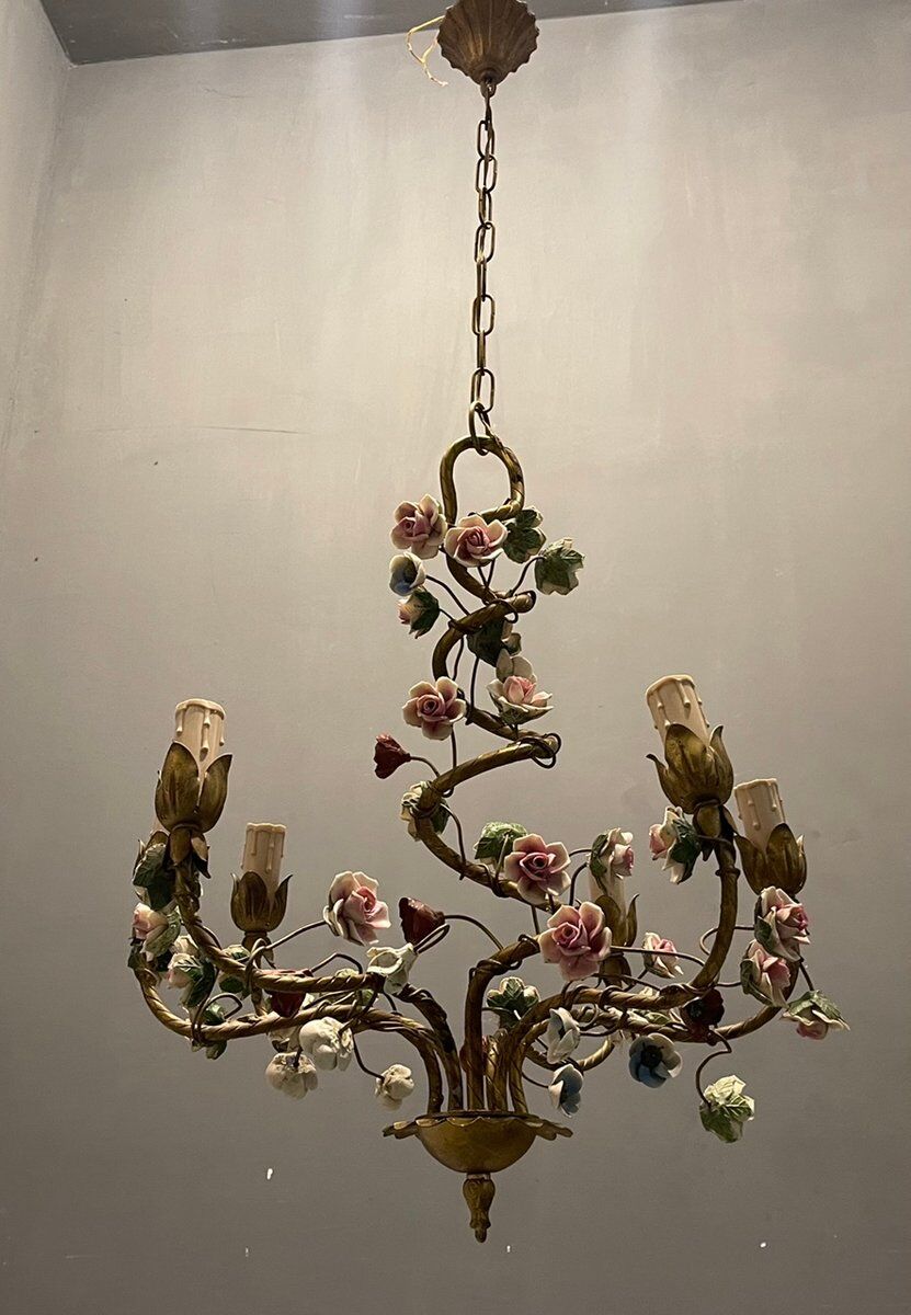Italian Tole Ceramic Flower Chandelier, 1960s