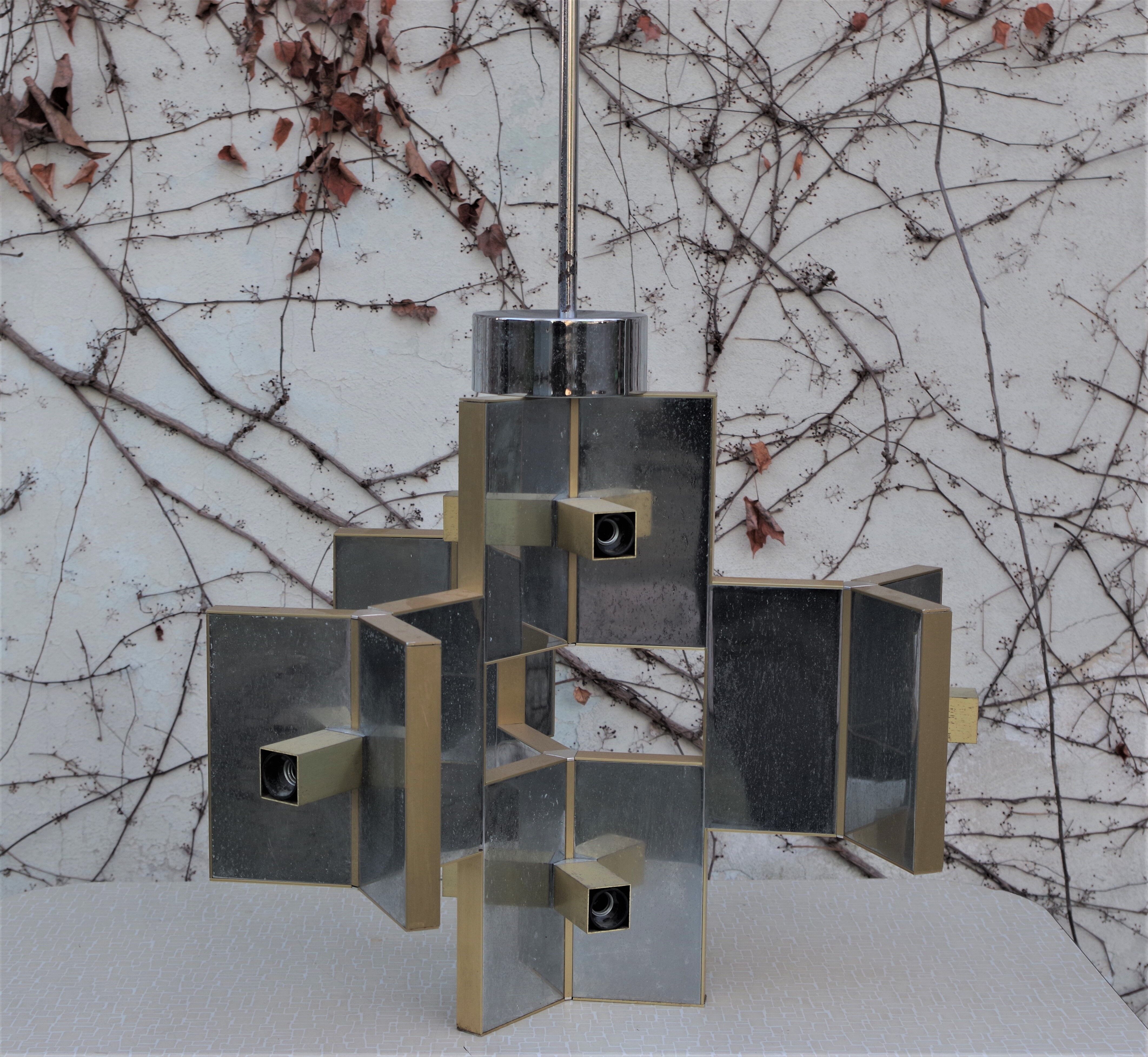 Ceiling lamp in chromed aluminum and brass, 1970