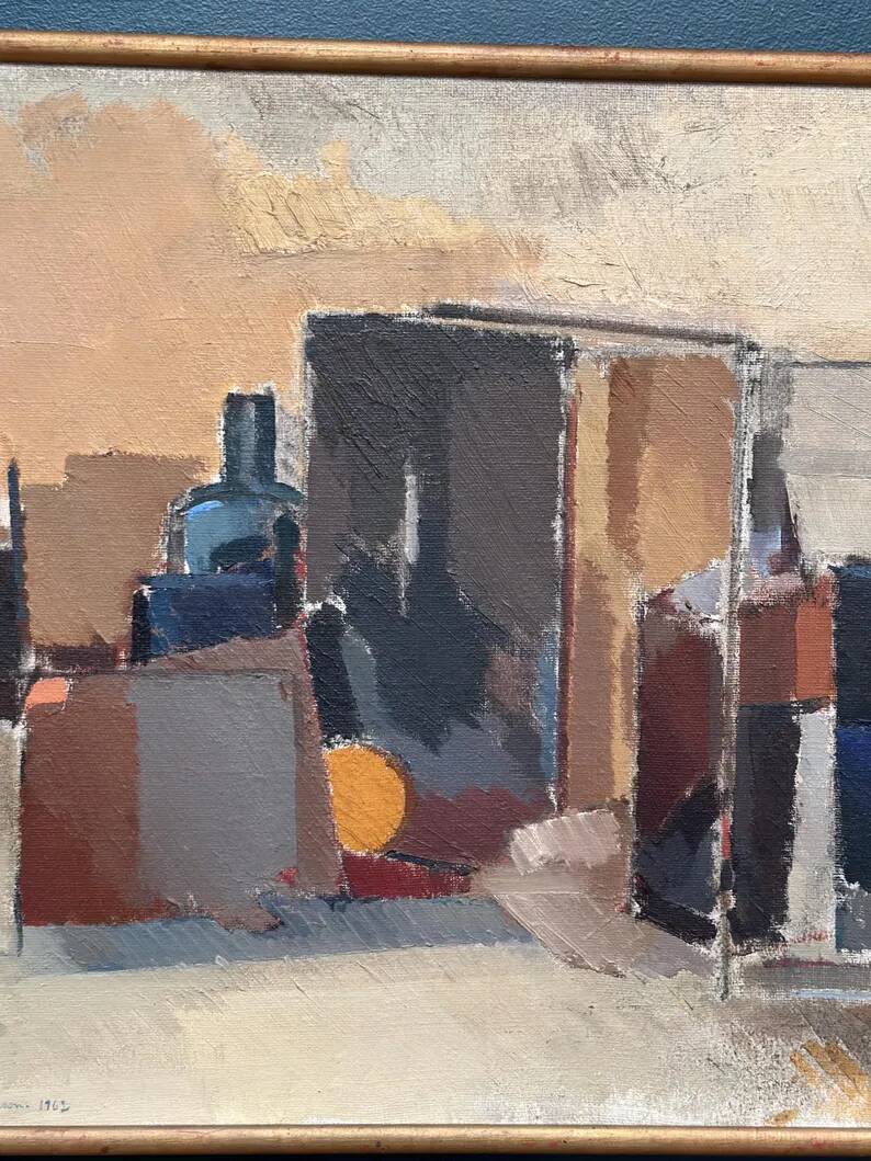 Large original Swedish oil on canvas - 'Blue Bottle and Books' by Gustav Adolf Johansson - 1962 - vintage and framed