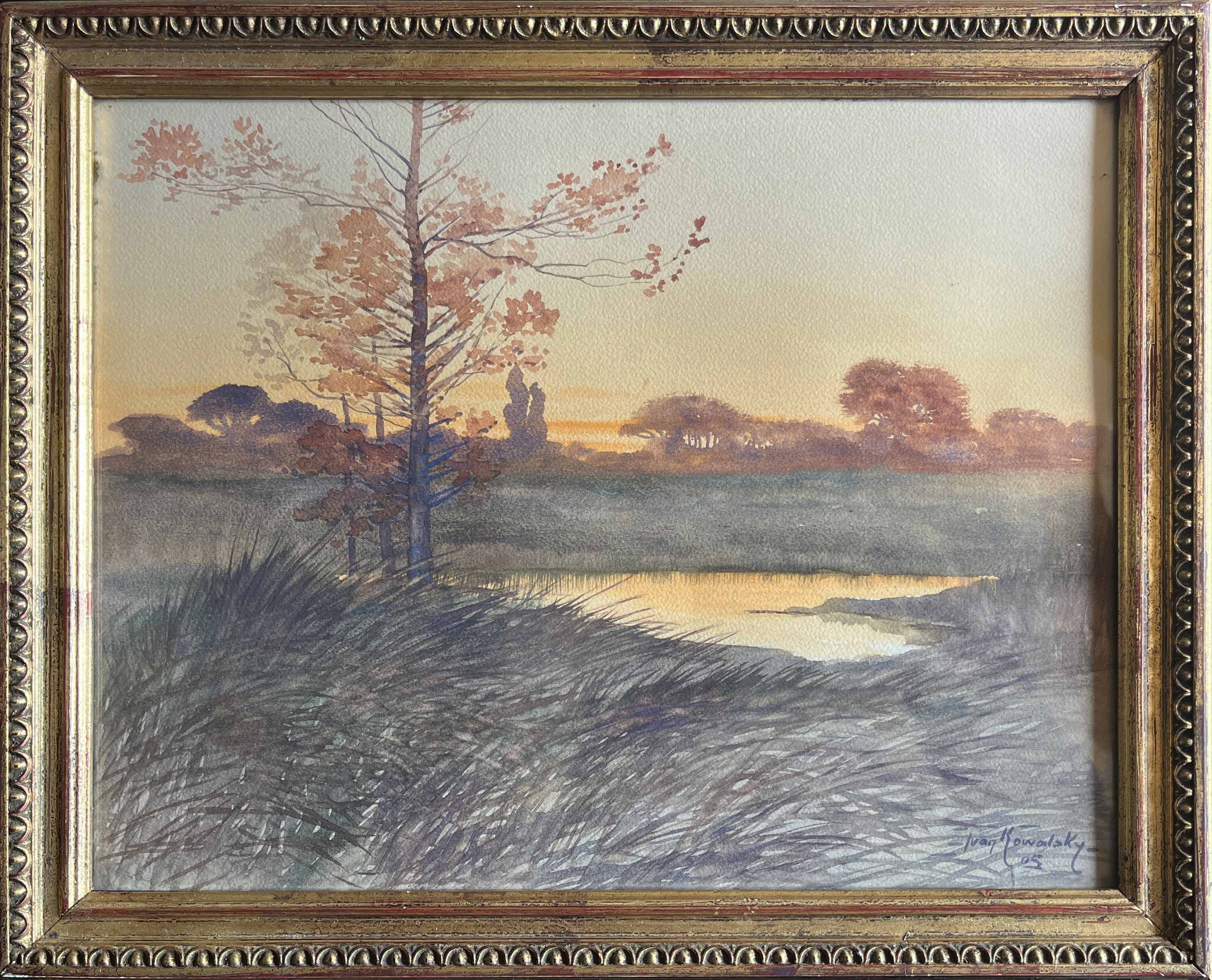 Watercolour painting by Ivan Kowalski (1839-1937) "Lakeside Landscape at Sunset"
