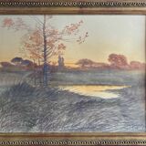 Watercolour painting by Ivan Kowalski (1839-1937) "Lakeside Landscape at Sunset"