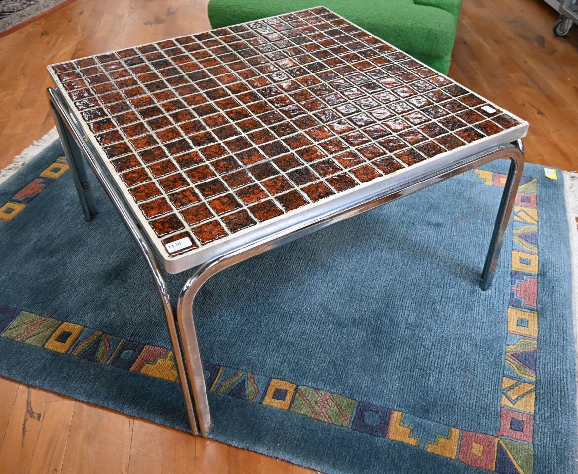 Vintage square coffee table with chrome legs and small tiled squares.