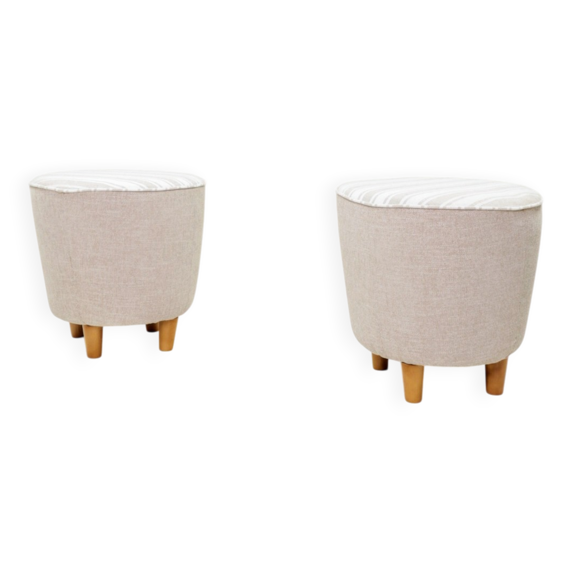 Vintage linen striped beige and white fabric pouf stool set of 2.
