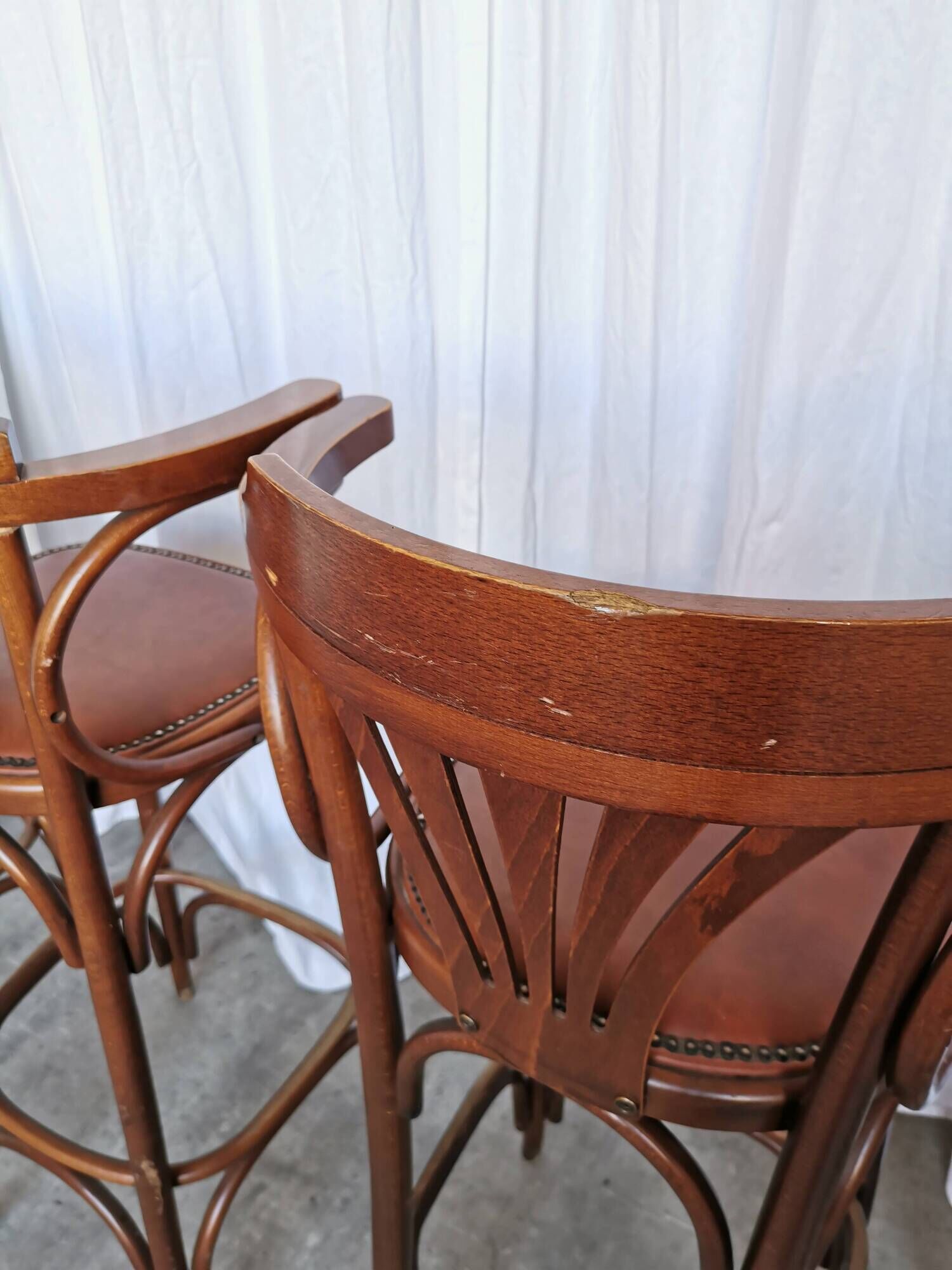 Set of 6 Vintage Bentwood Bar Stool Set: Brown Leather Seat, Nailhead Trim