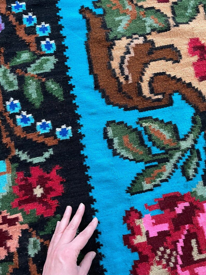 Vintage blue Moldavian rug with beautiful flowers, authentic Romanian handwoven rug 240x153cm