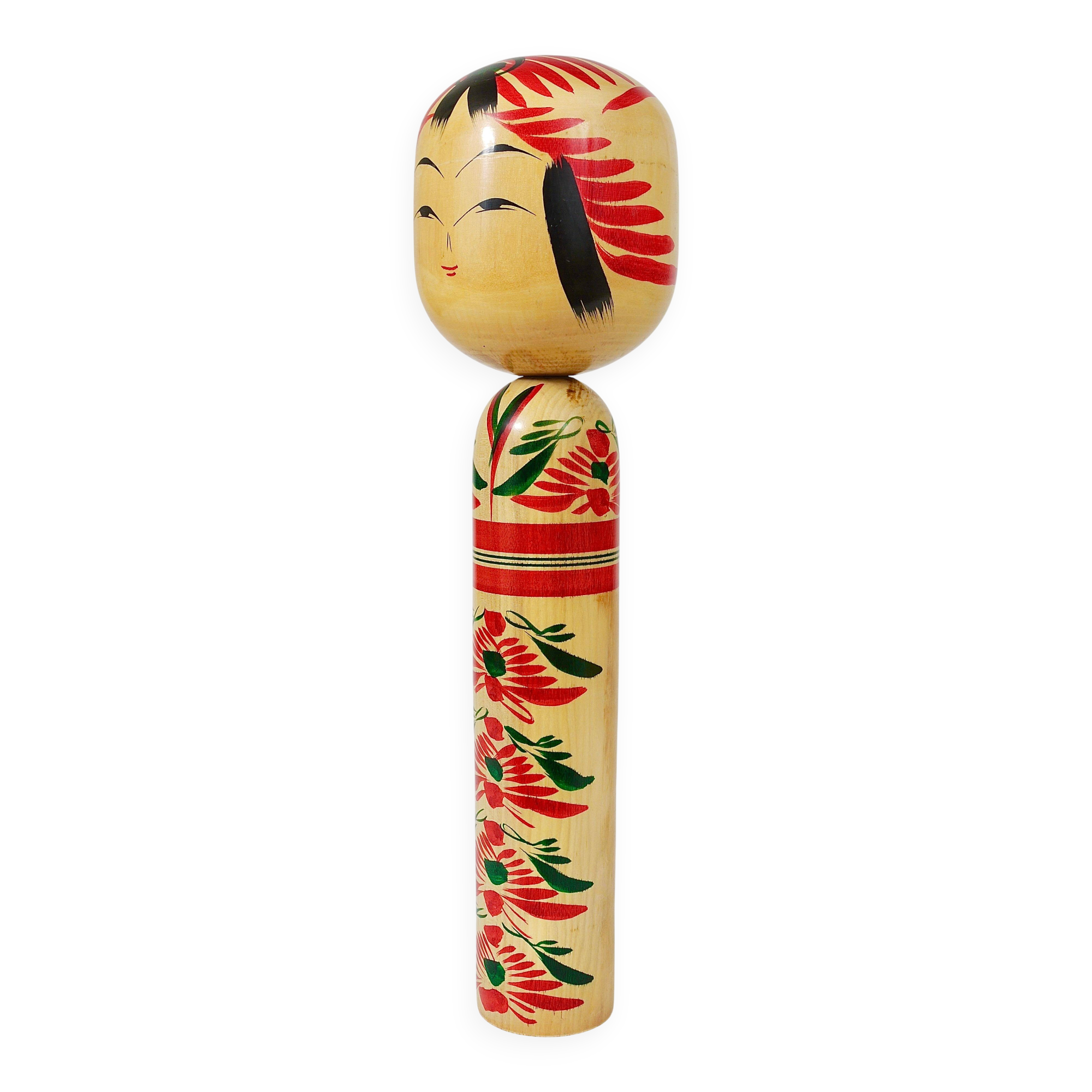 Decorative Kokeshi doll sculpture from northern Japan, hand-painted, signed.