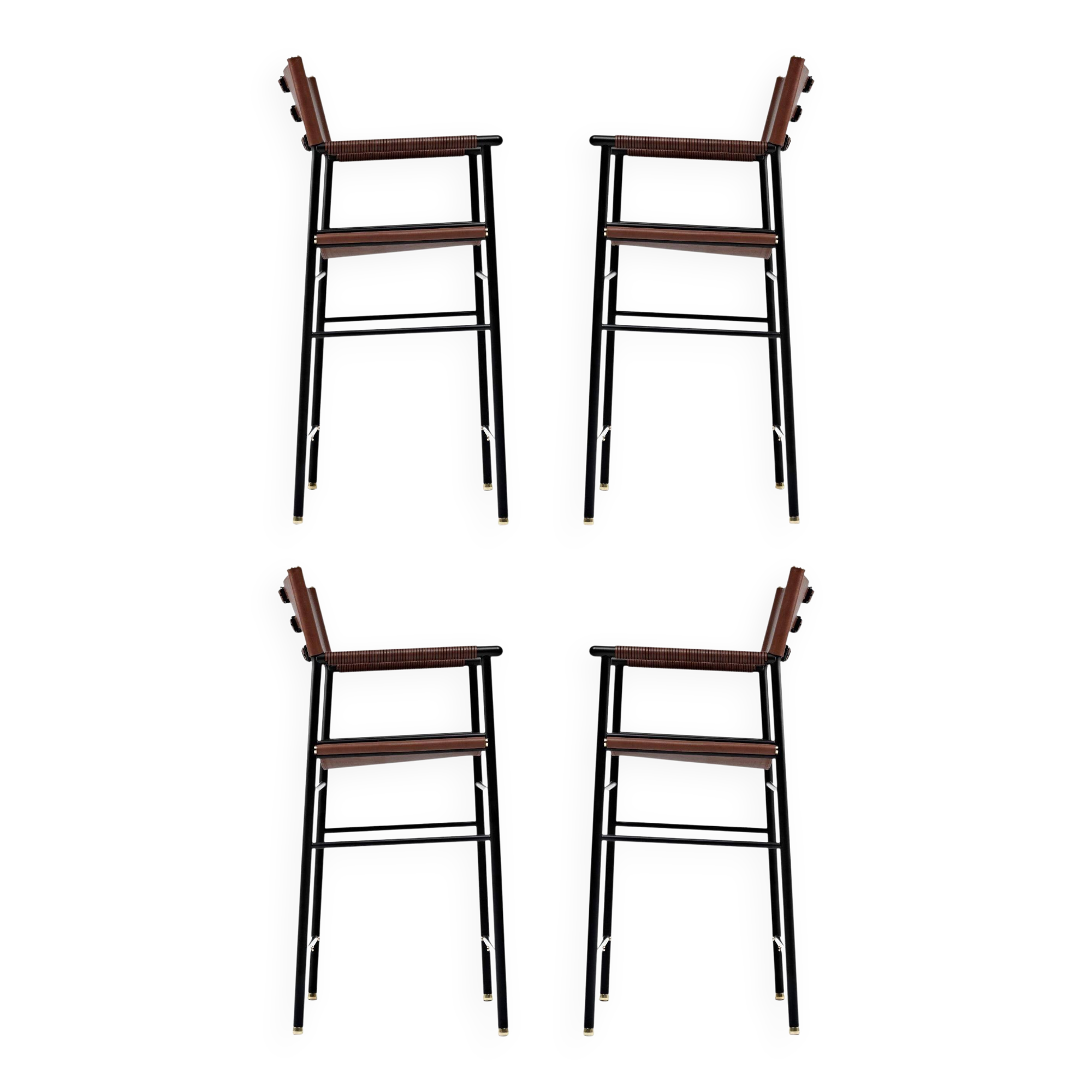 Set of 4 bar stools with backrest, dark brown leather and black metallic rubber.