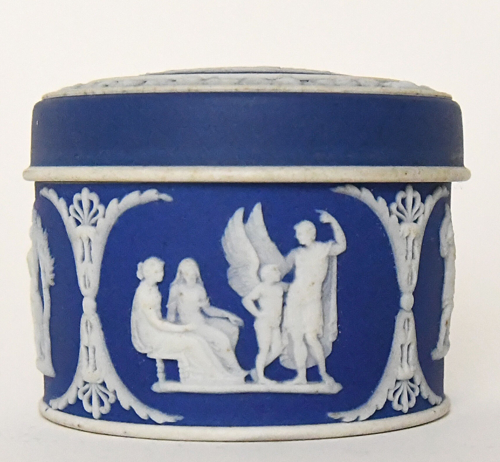 Pair of Wedgwood biscuit boxes with relief decoration of antique scenes