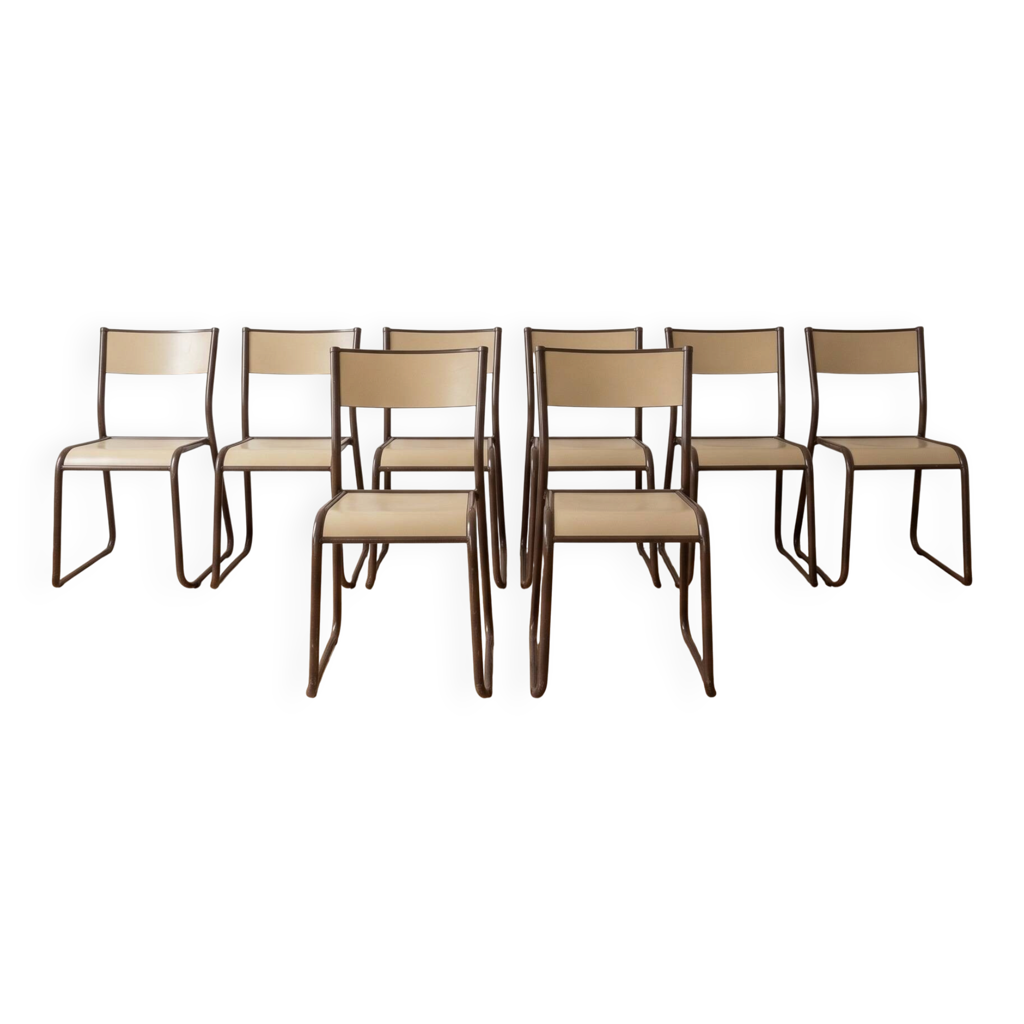 Set of 8 vintage industrial style chairs in metal and wood.