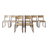 Set of 8 vintage industrial style chairs in metal and wood.