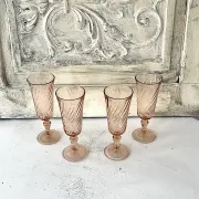 Champagne flutes set of 4, pink French swirl glass stemware