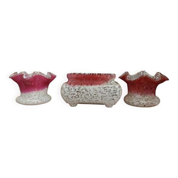 Ancien ensemble jardinière et 2 vases verre Clichy