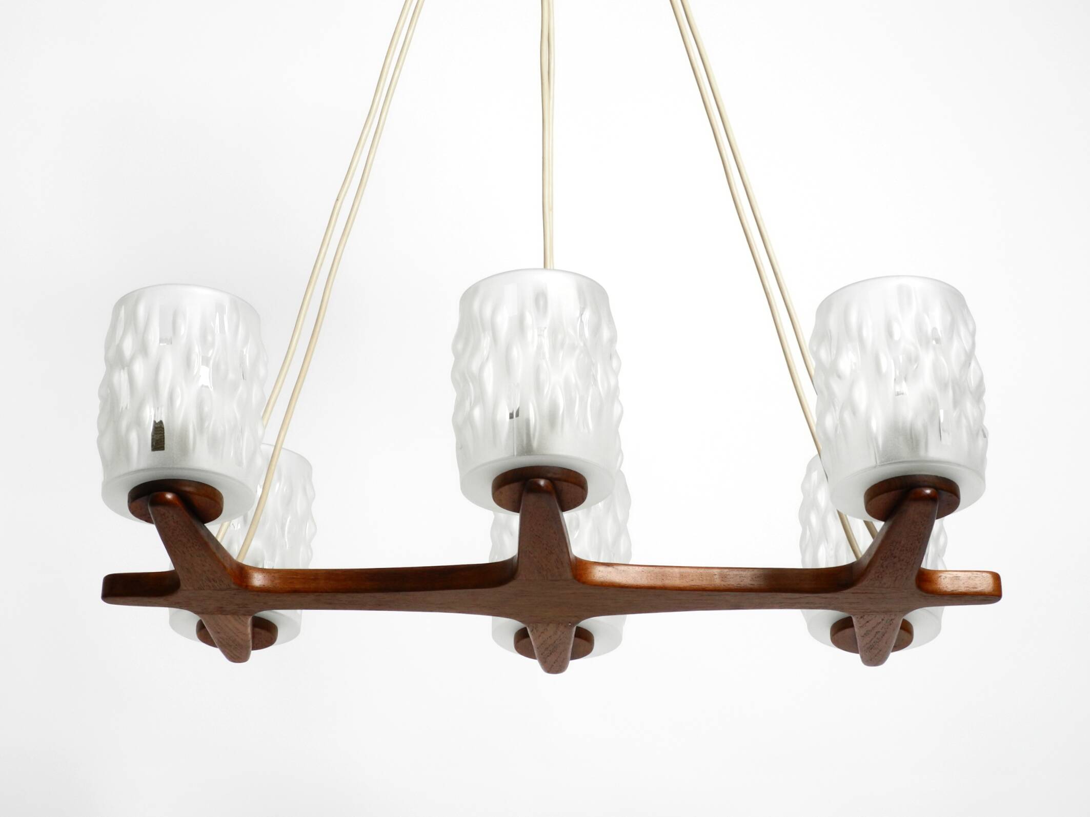 Beautiful 6-armed Scandinavian 1960s ceiling lamp made of teak and with gla