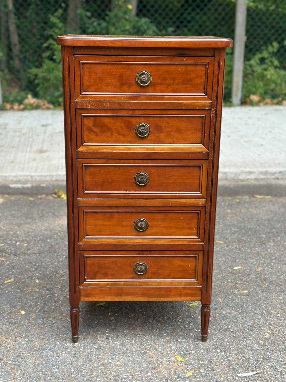 Louis XVI solid cherry wood chest of drawers with 5 drawers, 1980.
