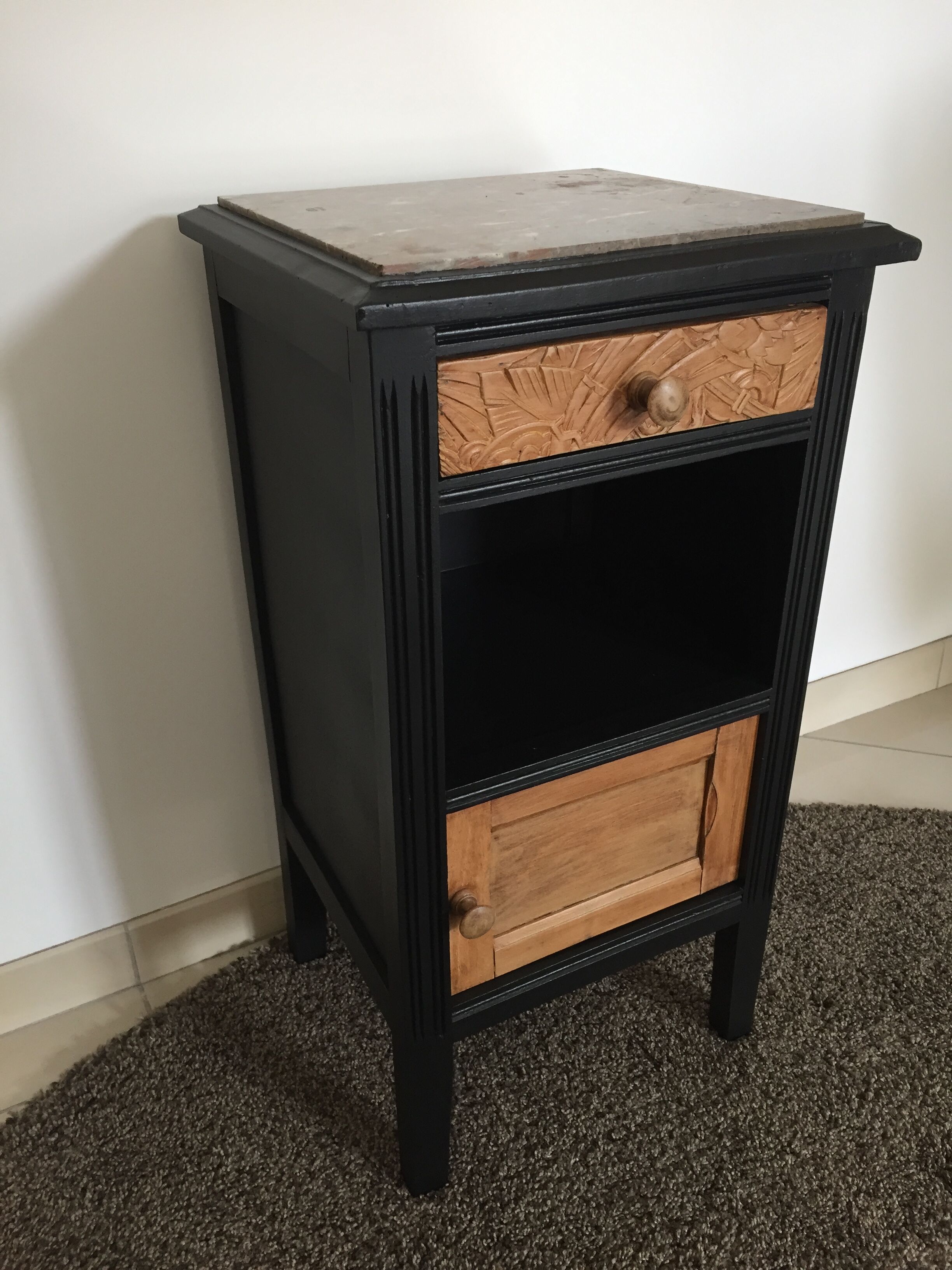 Bedside 1940s wooden and marble grey/bordeaux top