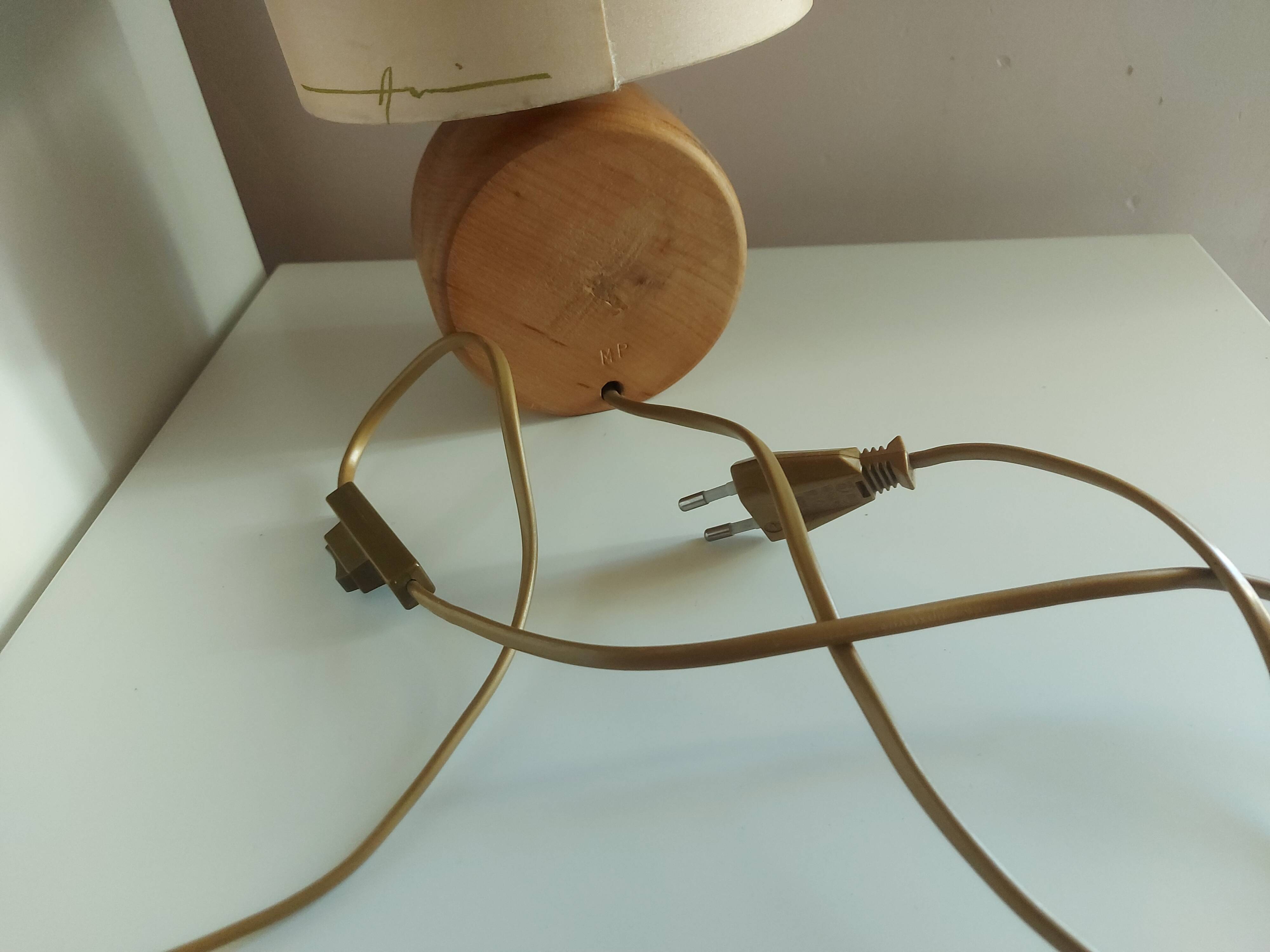 Wooden lamp with silk lampshade, hand painted, signed