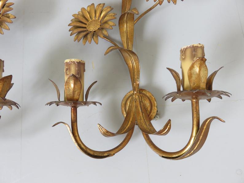 Series of 3 flower appliques "sunflowers" in 70s gold metal