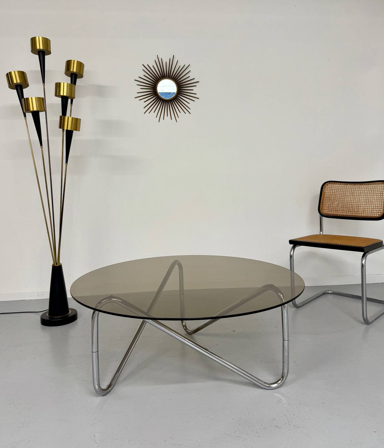 Tubular coffee table and smoked glass, French design, vintage 60s