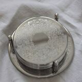 6 vintage chiseled silver metal coasters