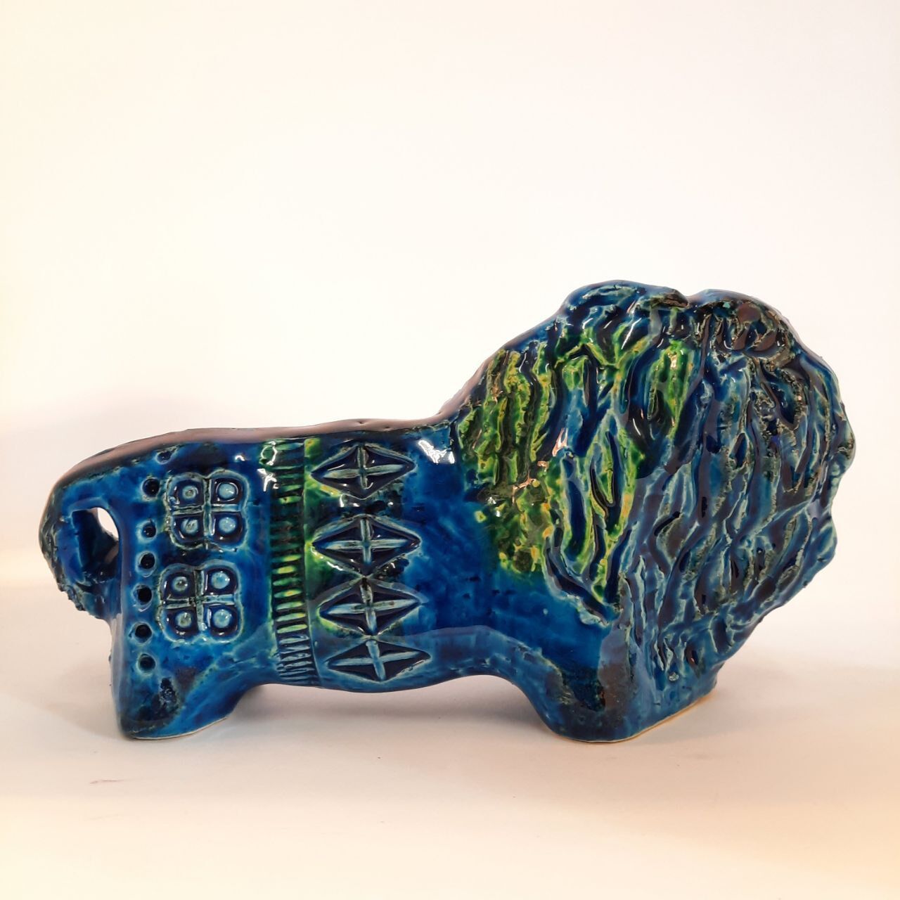 Vintage lion statue, Aldo Londi for Bitossi, Rimini blue series