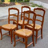 4 Louis XV chairs in solid oak and straw with shell sculptures