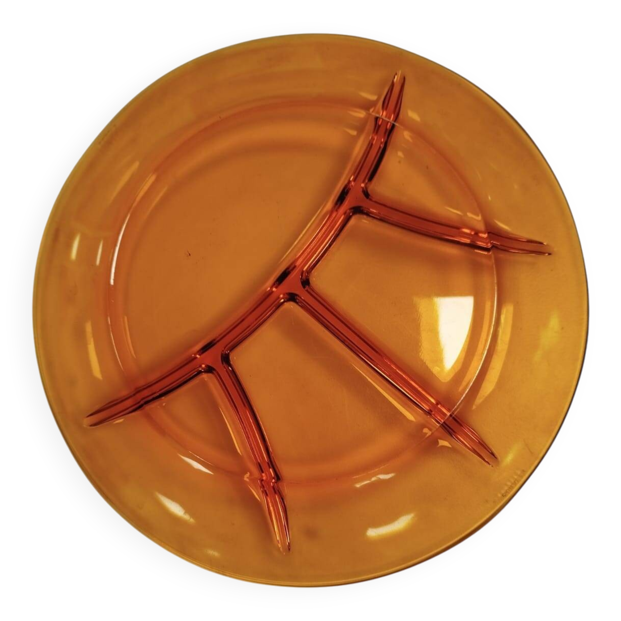 Vintage compartmentalized plate in amber glass, retro design from the 70s