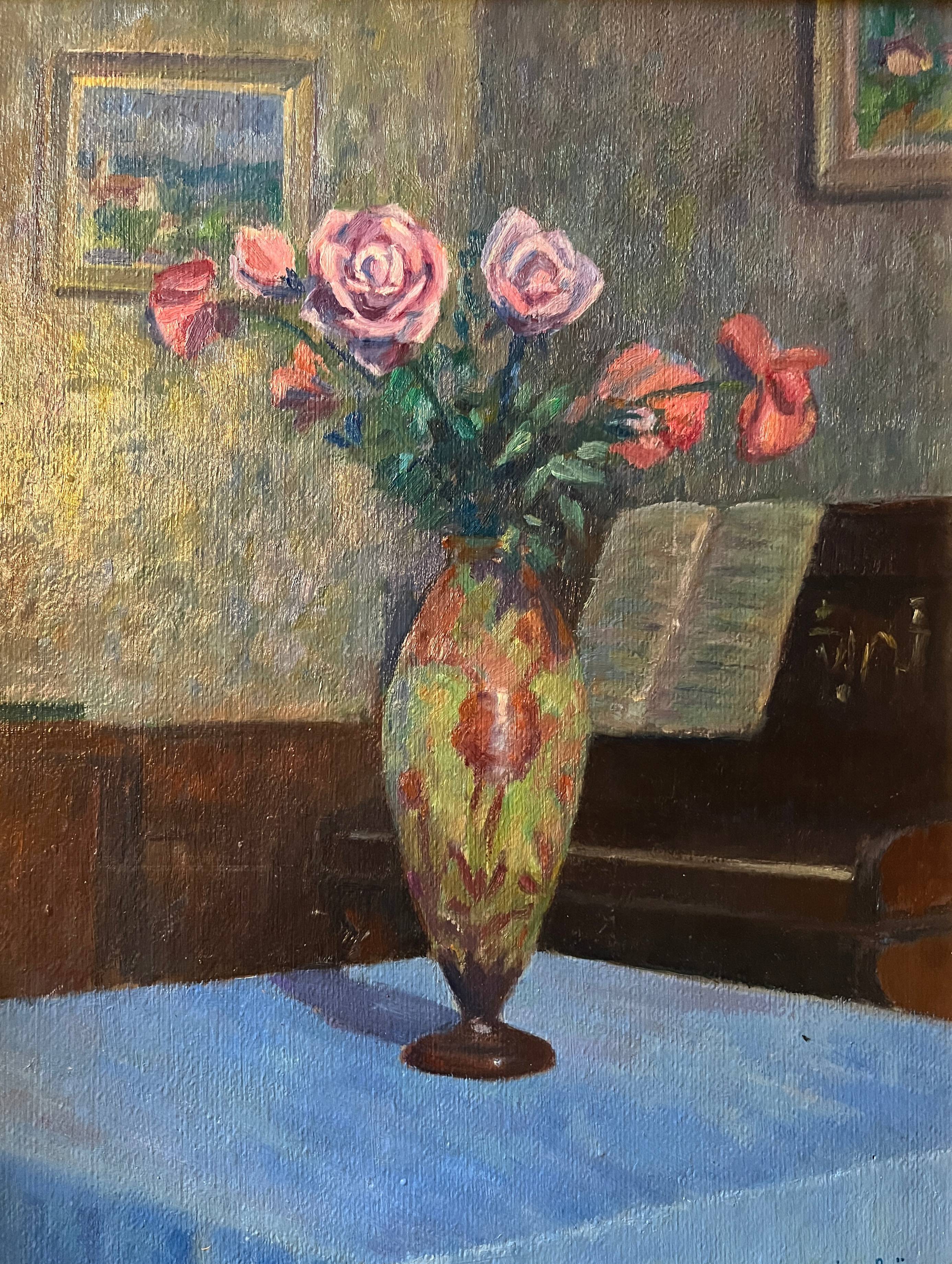HSP Composition Interior painting with roses, glass paste vase and piano
