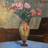 Tableau HSP Composition Intérieur aux roses, vase pâte de verre et piano