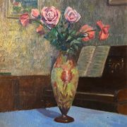 HSP Composition Interior painting with roses, glass paste vase and piano
