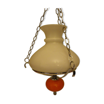 Suspension vintage des années 70 avec ossature chromée et finition boule orange émaillée