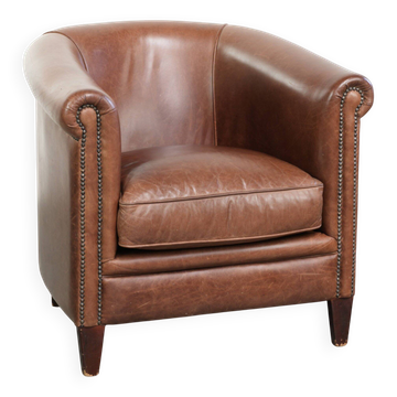 Cognac-coloured cow leather club armchair in English style