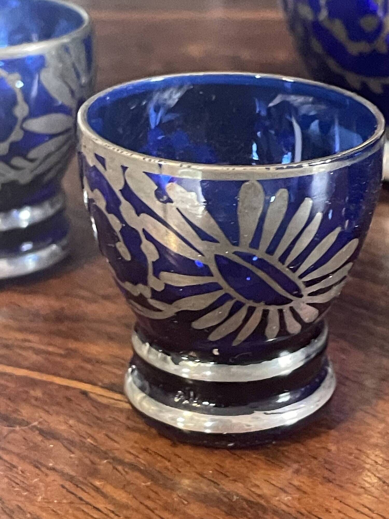 Antique Cobalt Blue Glass Liqueur Set with Applied Silver Decoration – 7