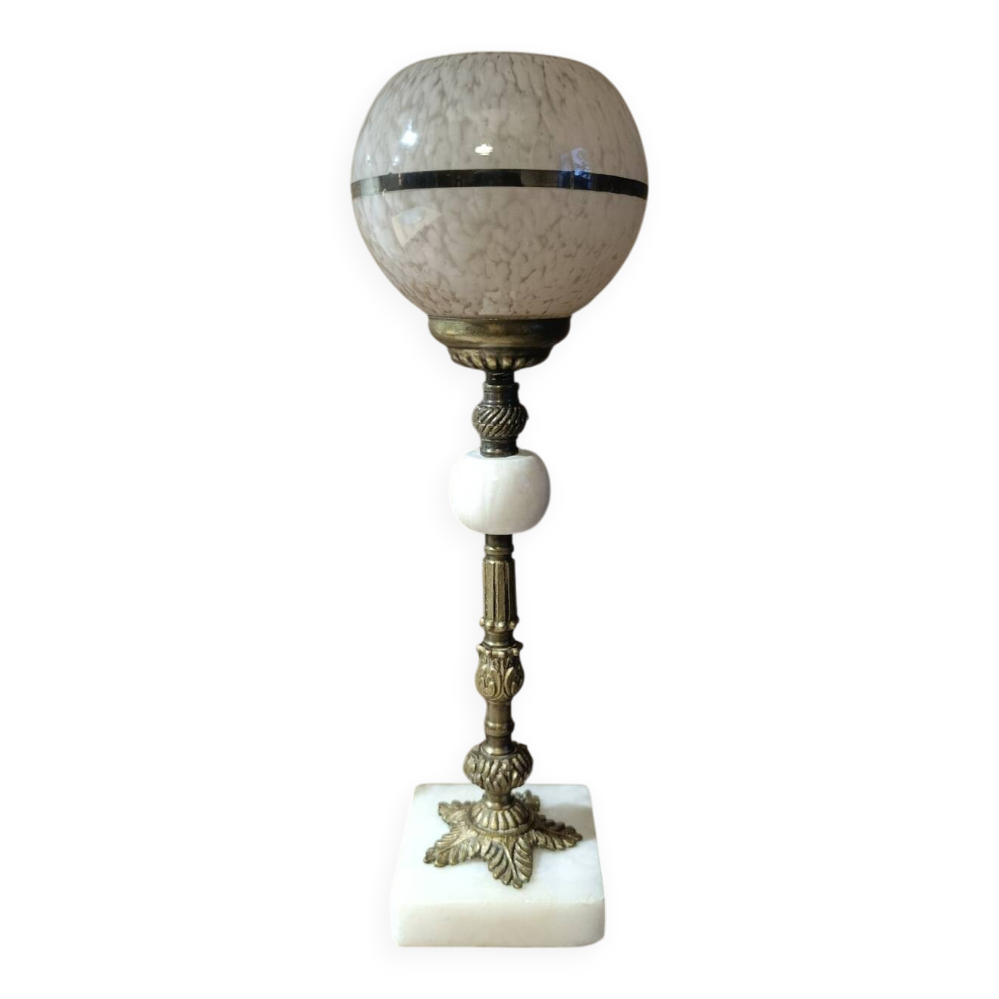 Art Deco lamp 1930 brass, alabaster, Clichy pink glass globe