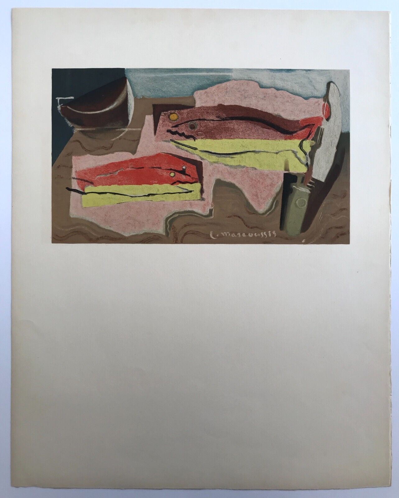 Lithograph by Louis Marcoussis, still life with fish, 1955