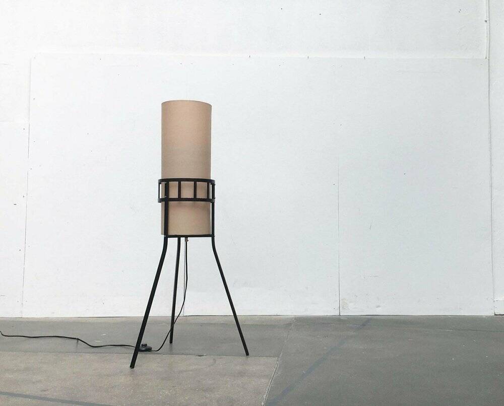 Mid-century tripod rocket floor lamp from the GDR of East Germany by Leuchtenbau Saller, 1960s.