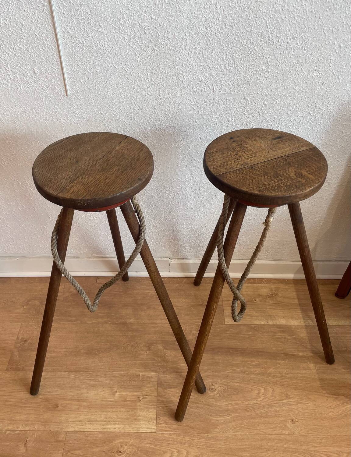 Pair of bar stools, wood and leather, circa 1950