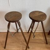 Pair of bar stools, wood and leather, circa 1950