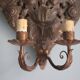 Pair of wall sconces in embossed brass with floral patterns, wall lamp, sconce.
