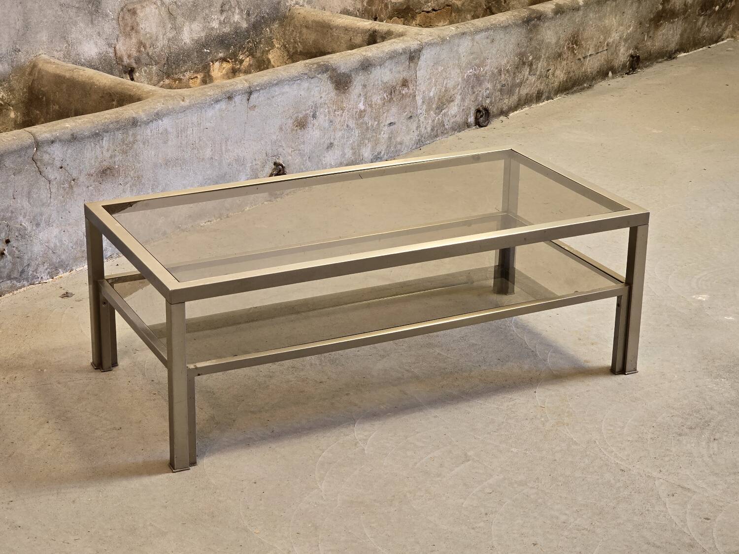 Double-top coffee table with smoked glass top and chromed steel 1970