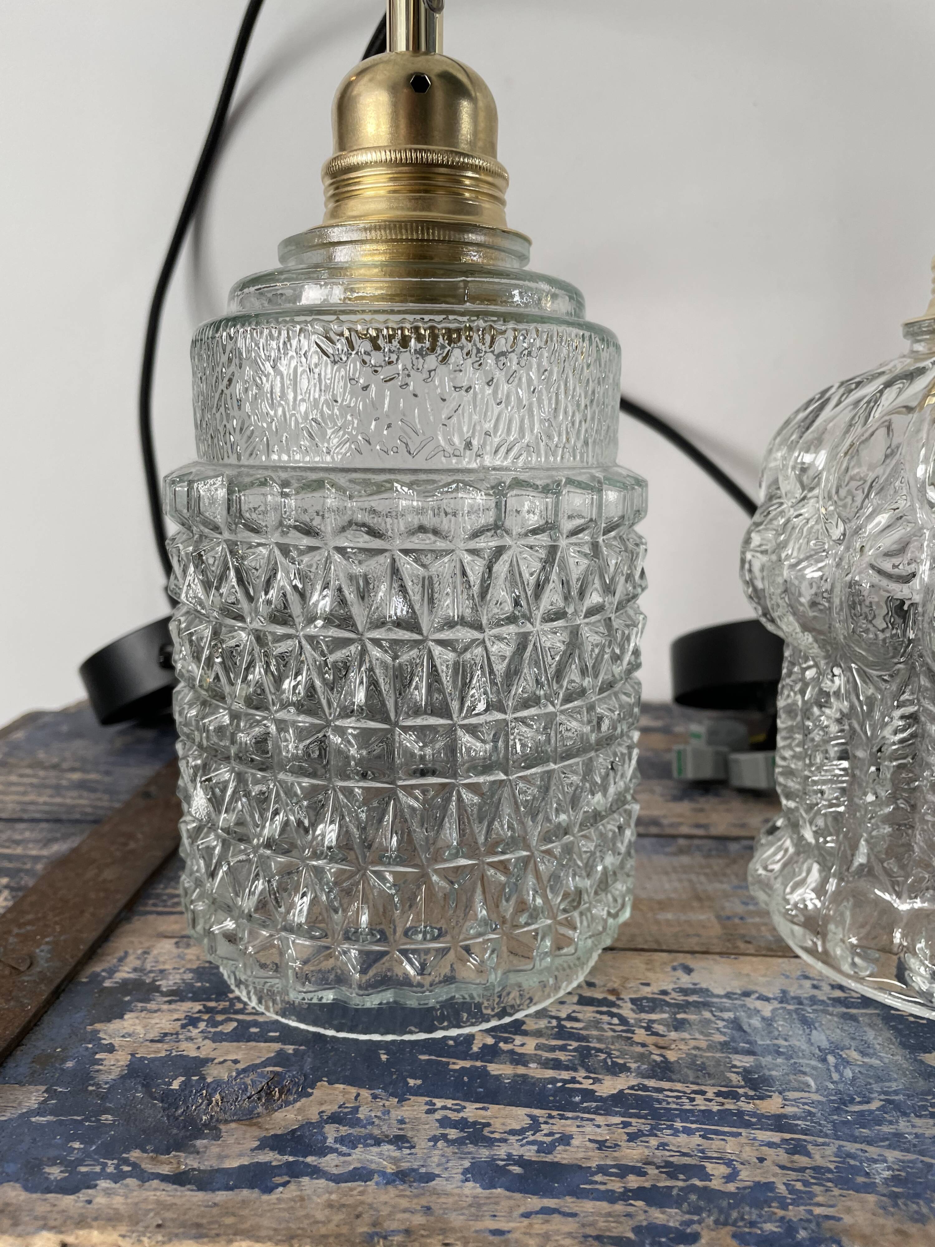 Set of three vintage electrified glass pendant lamps