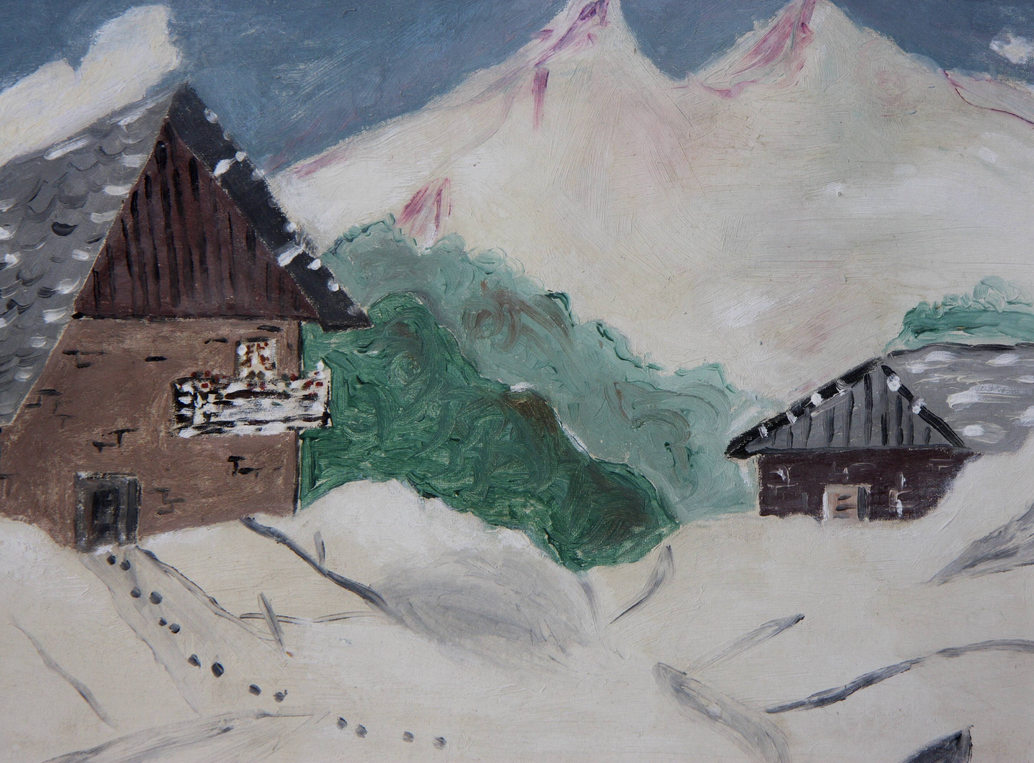 Naive painting, mountain landscape under the snow.