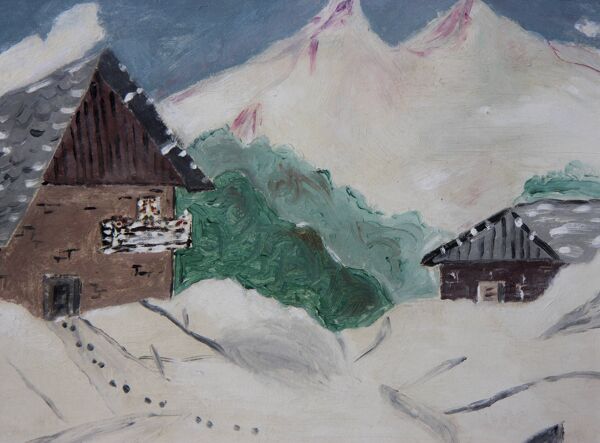 Tableau naïf, paysage de montagne sous la neige.