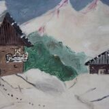 Tableau naïf, paysage de montagne sous la neige.